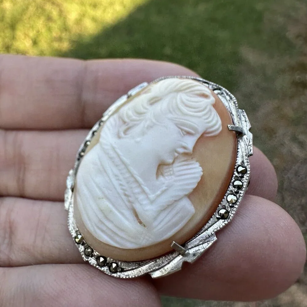 Antique Carved Shell Cameo Pendant Italy 800 Fine Silver 6.7g‎ Marcasite 1.5" - Picture 3 of 6